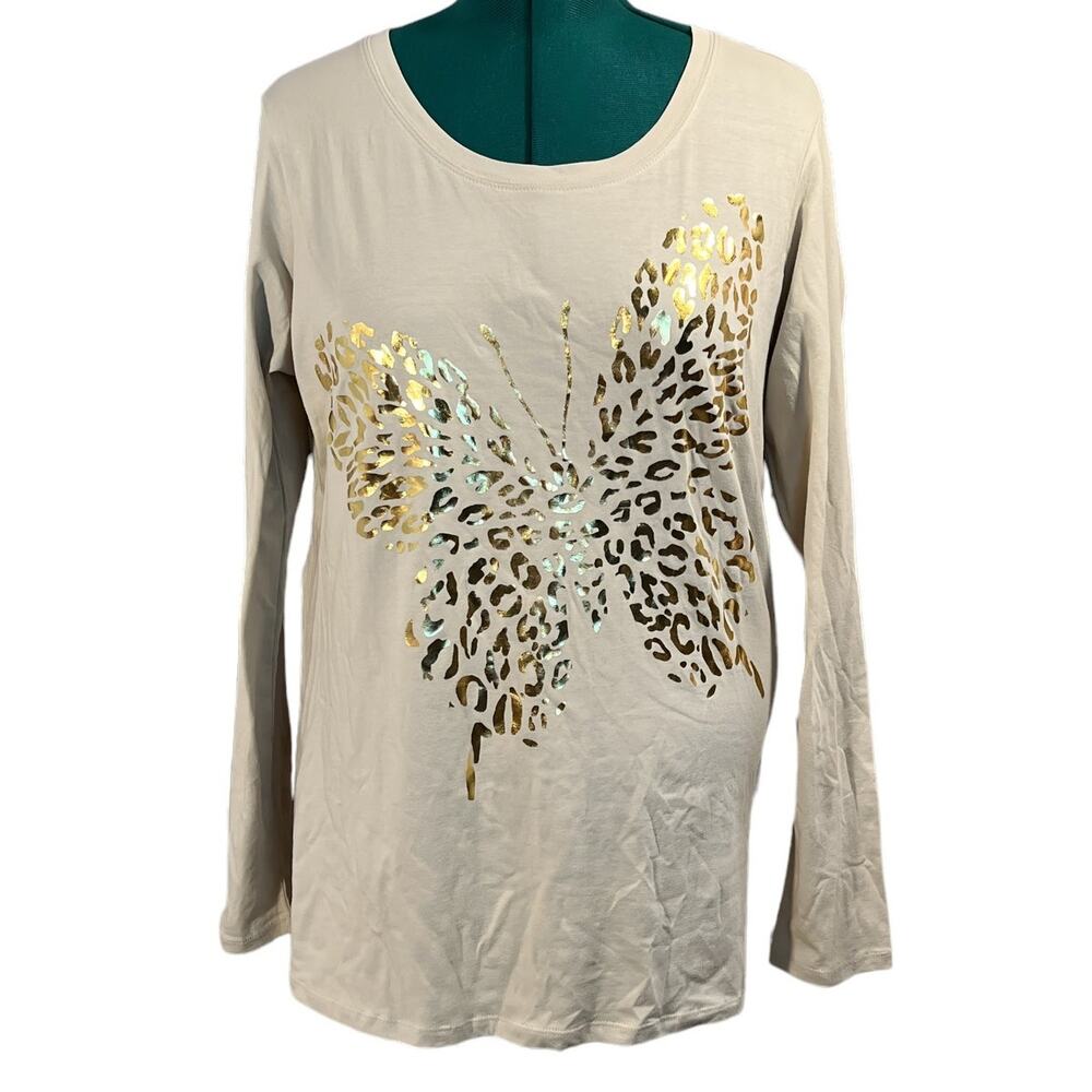 Dots Gold Butterfly Beige Long Sleeve Crew Neck 95% Cotton Plus Size 1X Beige